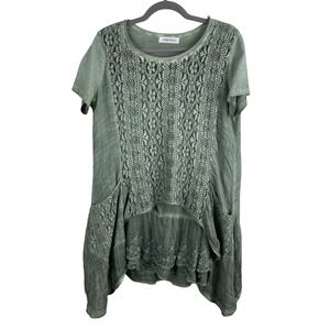 Simply Couture Sage Green Lace Tunic Top XL Short Sleeve Boho Tiered Hem fairy